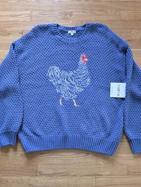 NWT Molly Yeh Blue Knit Chicken Embroidery Sweater Sz 2X Cottagecore Farm Animal
